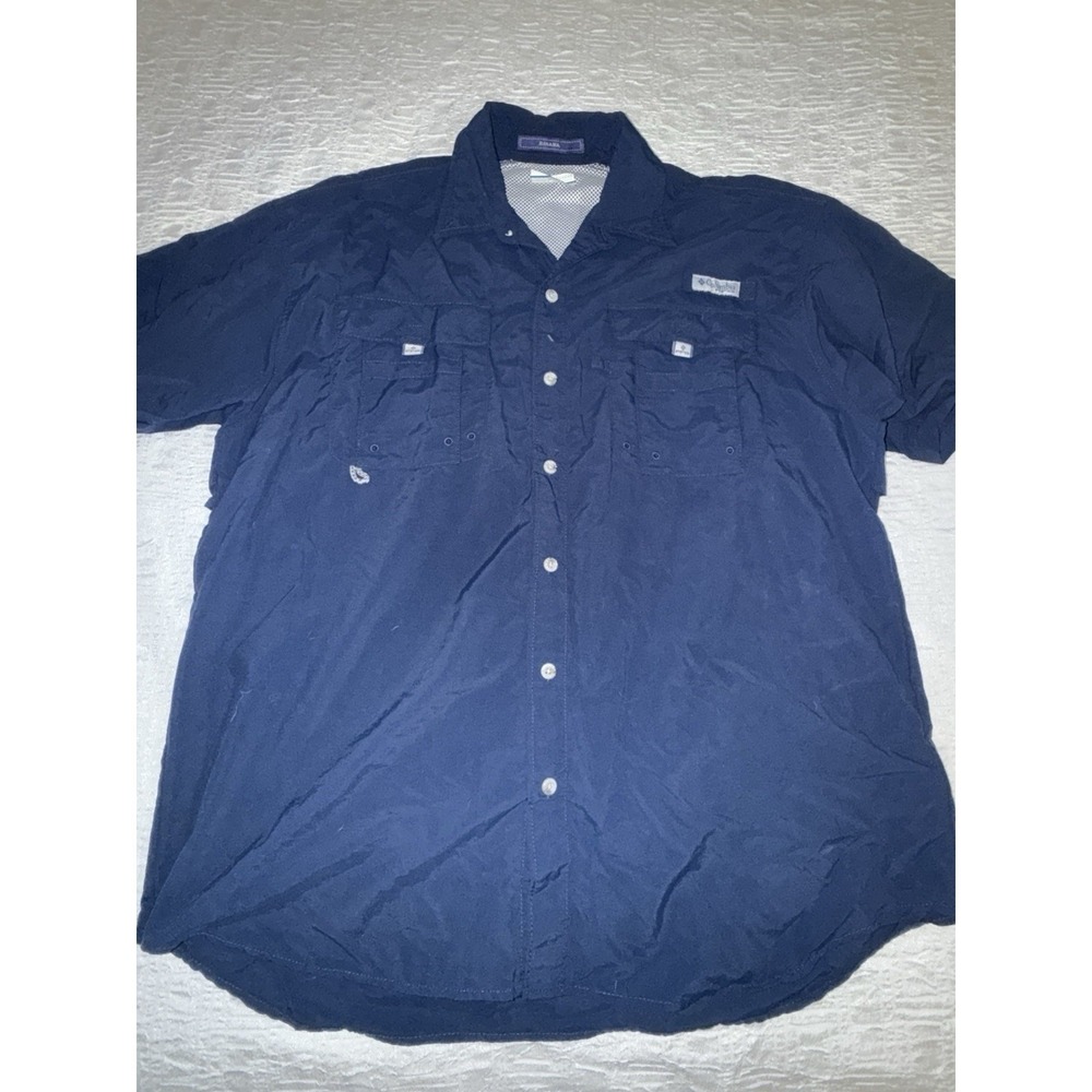Columbia PFG Navy Blue Bahama Nylon Vented Fishing Camp Shirt Size Large